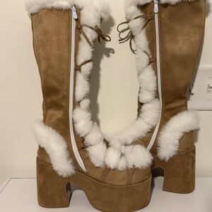 Y2K NWOT Faux Suede Platform Fur-Trim Knee Boots - Tan & White